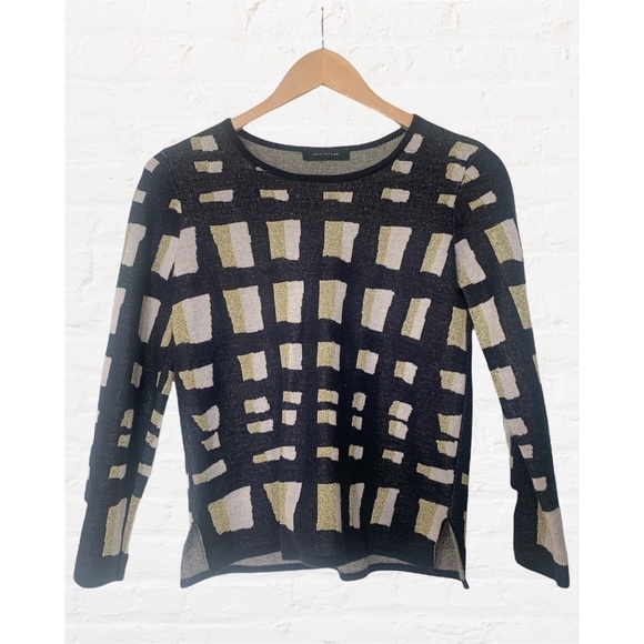 Ann Taylor Lattice Wool Knit Navy Gold Metallic Festive Holiday Sweater XS - Picture 3 of 8